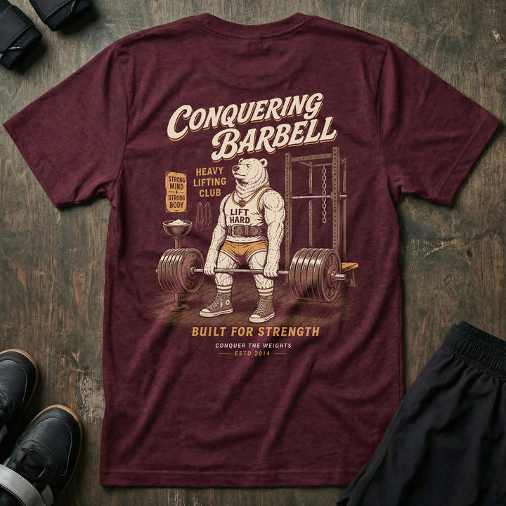 Old School Deadlift Bear tee in Maroon: a classic polar bear in high socks