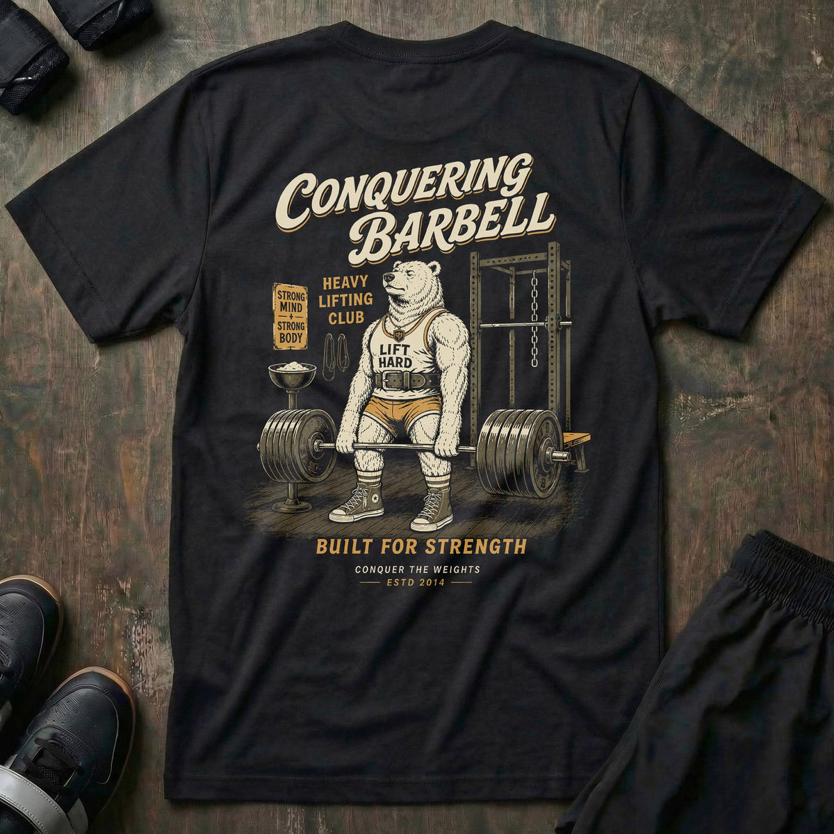 Old School Deadlift Bear tee in Black: a classic polar bear in high socks