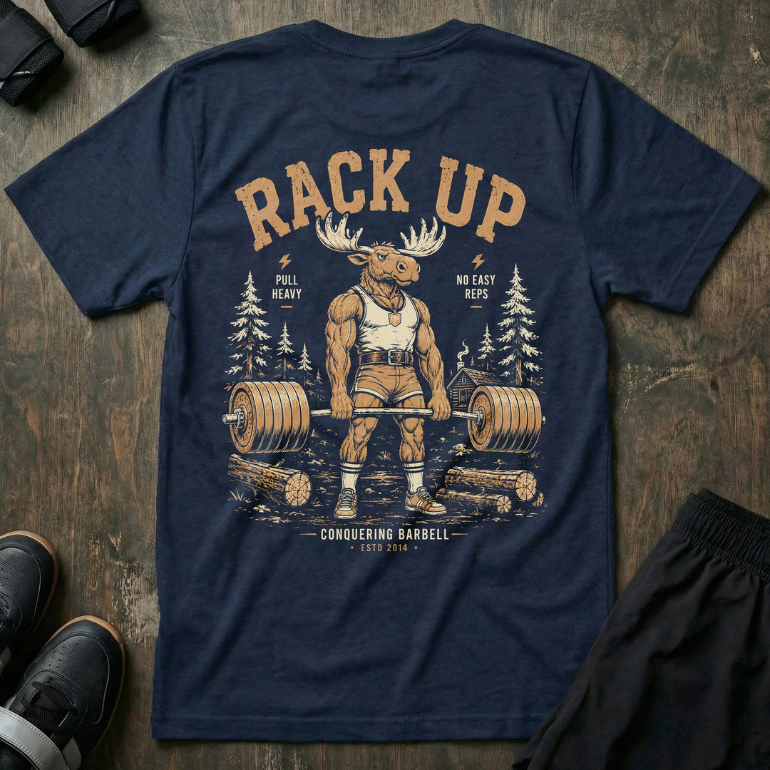 Old School Rack Up tee in Navy: a bull moose in a singlet