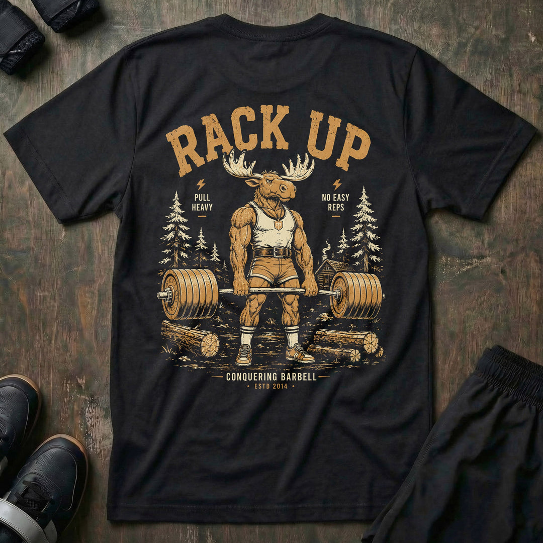 Old School Rack Up tee in Black: a bull moose in a singlet