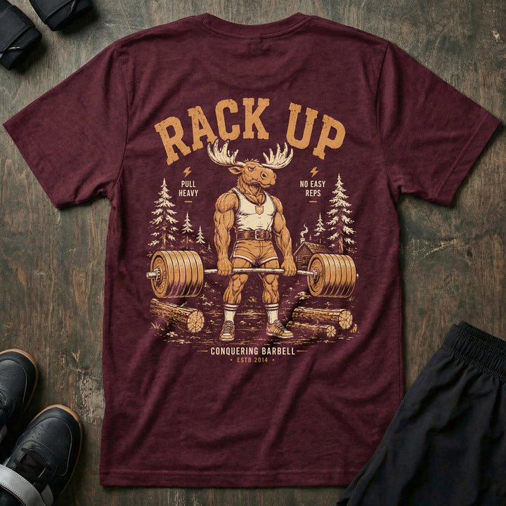 Old School Rack Up tee in Maroon: a bull moose in a singlet