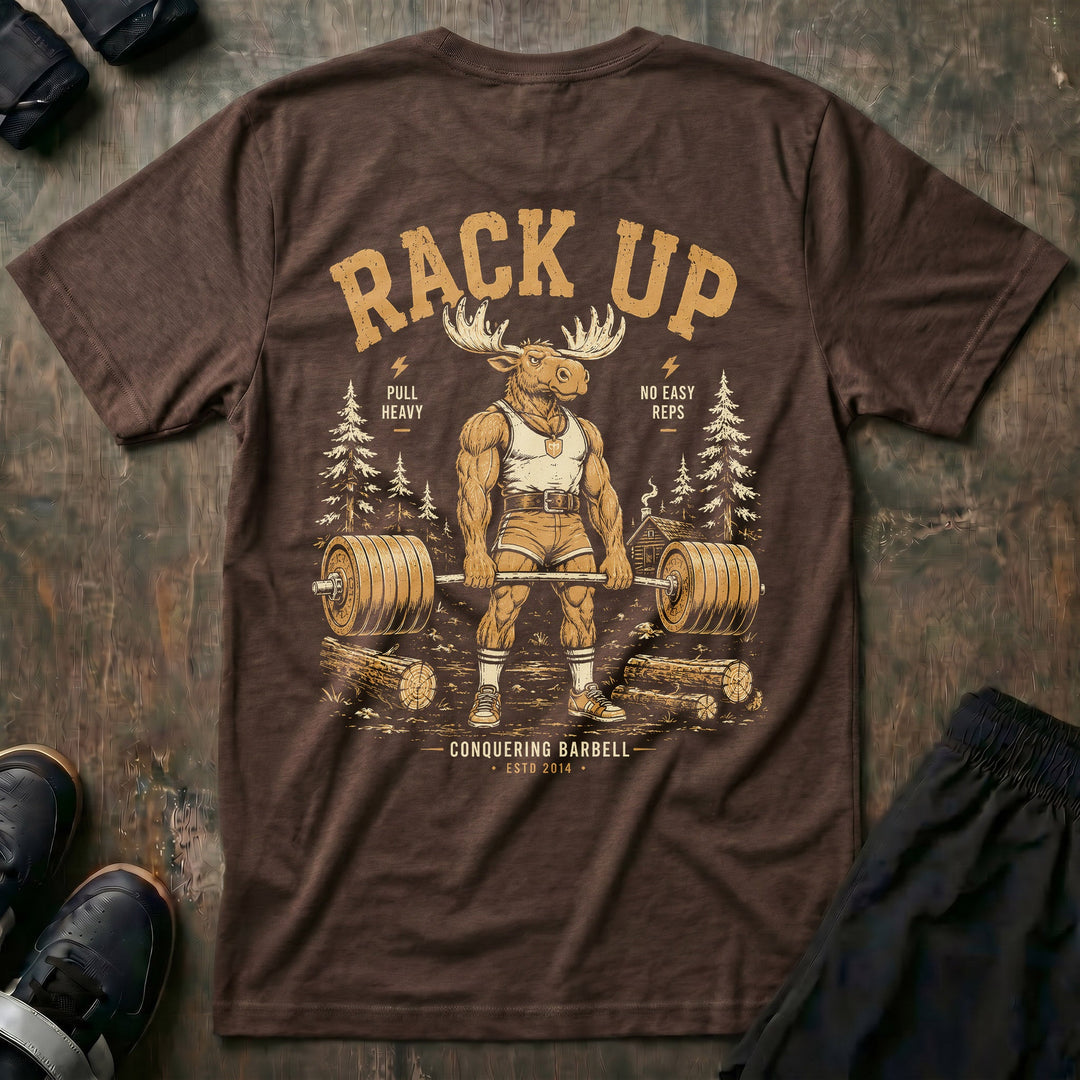 Old School Rack Up tee in Expresso: a bull moose in a singlet
