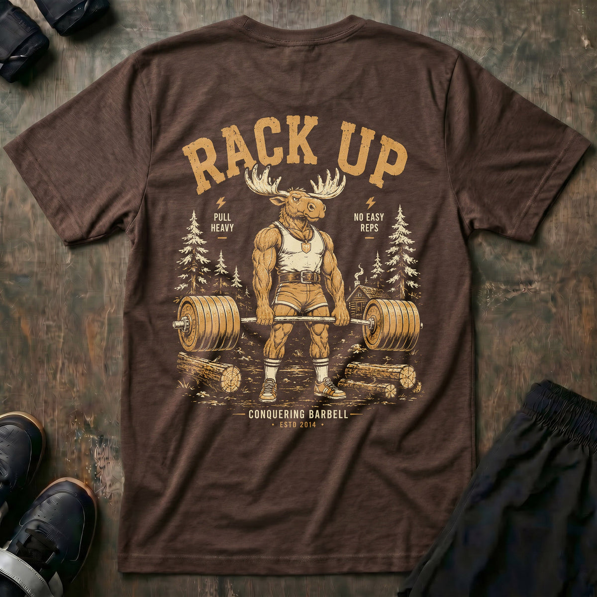 Old School Rack Up tee in Expresso: a bull moose in a singlet