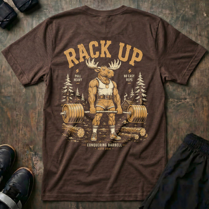 Old School Rack Up tee in Expresso: a bull moose in a singlet