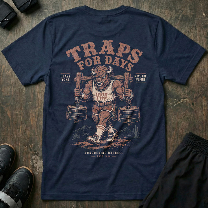 Old School Traps for Days tee in Navy: a jacked bison in high socks