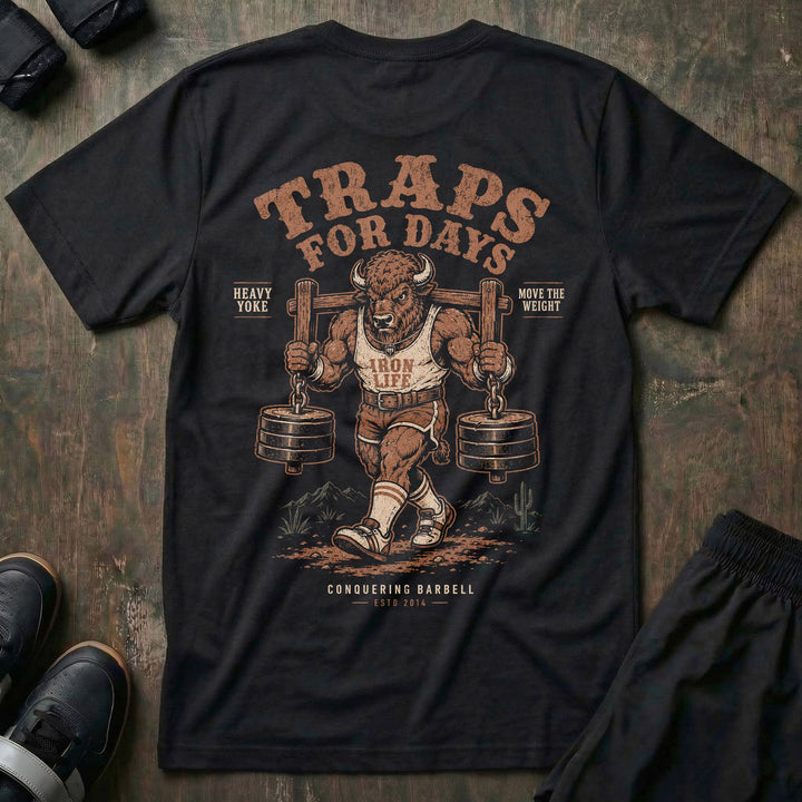 Old School Traps for Days tee in Black: a jacked bison in high socks