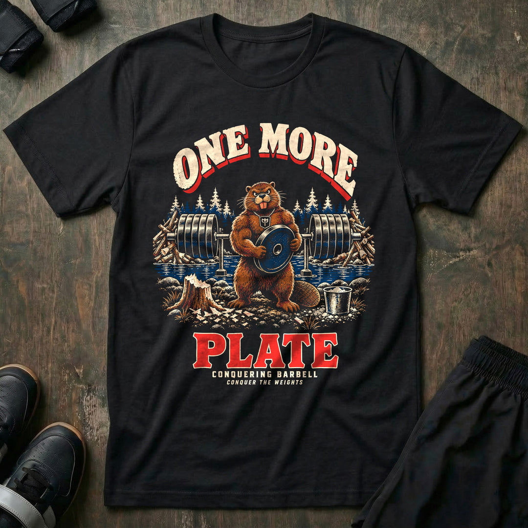 One More Plate - Tee front graphic in Black with a beaver holding a weight plate in front of a loaded barbell racked over a creek - Conquering Barbell