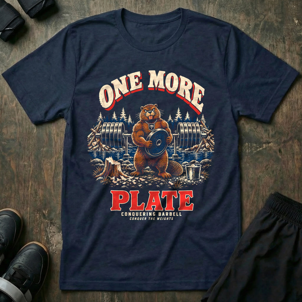 One More Plate - Tee front graphic in Navy with a beaver holding a weight plate in front of a loaded barbell racked over a creek - Conquering Barbell