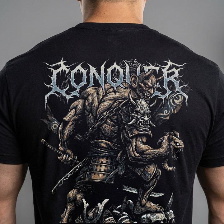 Oni Warrior tee in Black: a demon samurai cutting the head off a serpent with his katana