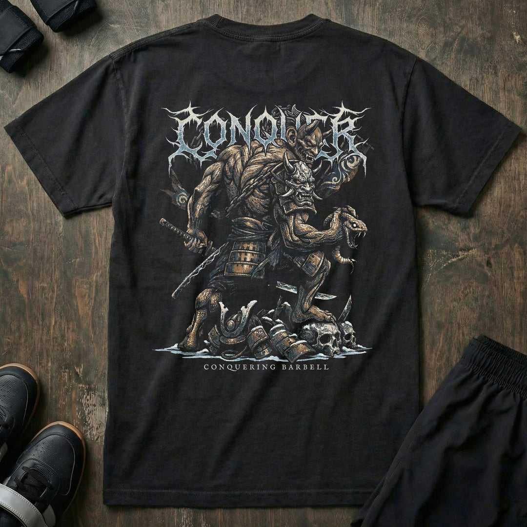 Oni Warrior tee in Black: a demon samurai cutting the head off a serpent with his katana