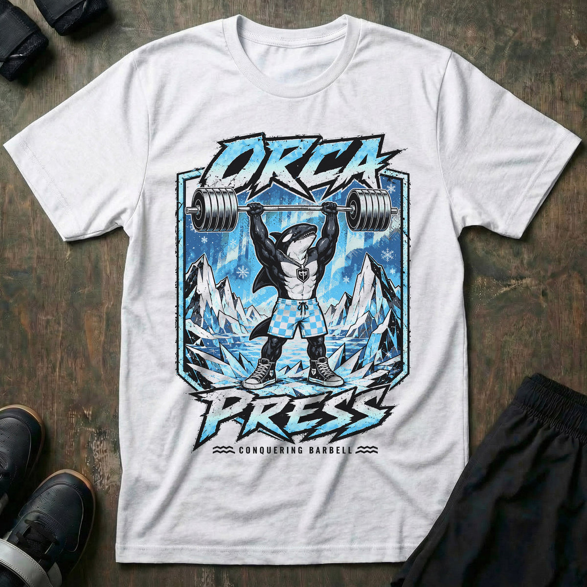 Orca Press tee in White: a jacked orca in checkered shorts and high tops pressing heavy iron overhead