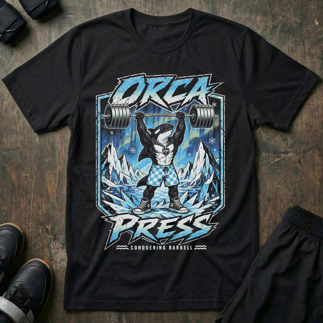 Orca Press tee in Black: a jacked orca in checkered shorts and high tops pressing heavy iron overhead