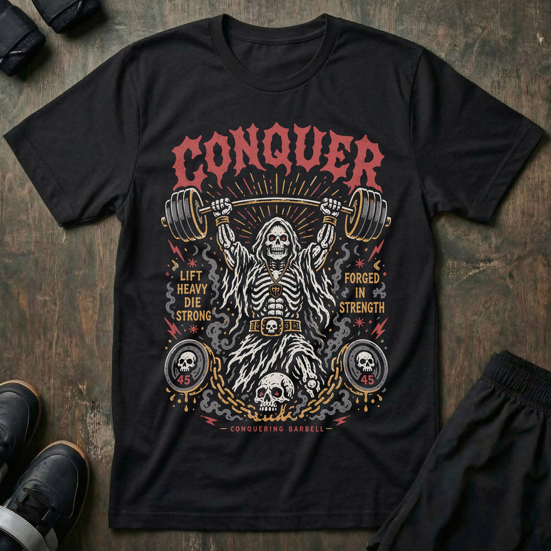 Overhead Press Reaper - on Black Tee - Conquering Barbell