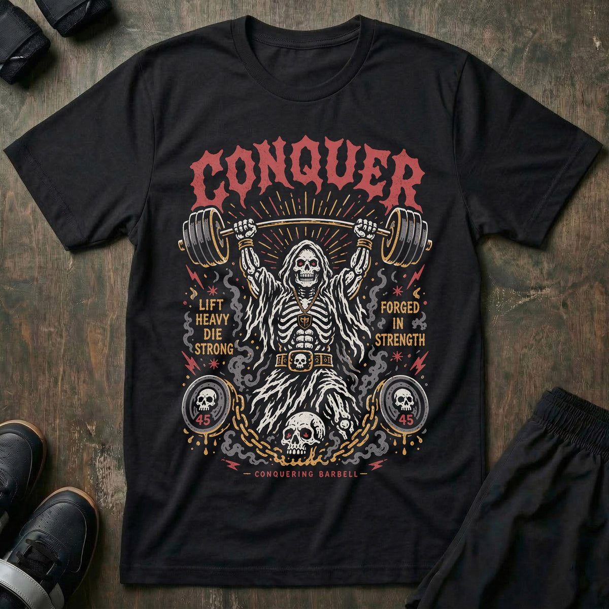 Overhead Press Reaper tee in Black: a skeletal reaper in a lifting belt driving a loaded barbell overhead