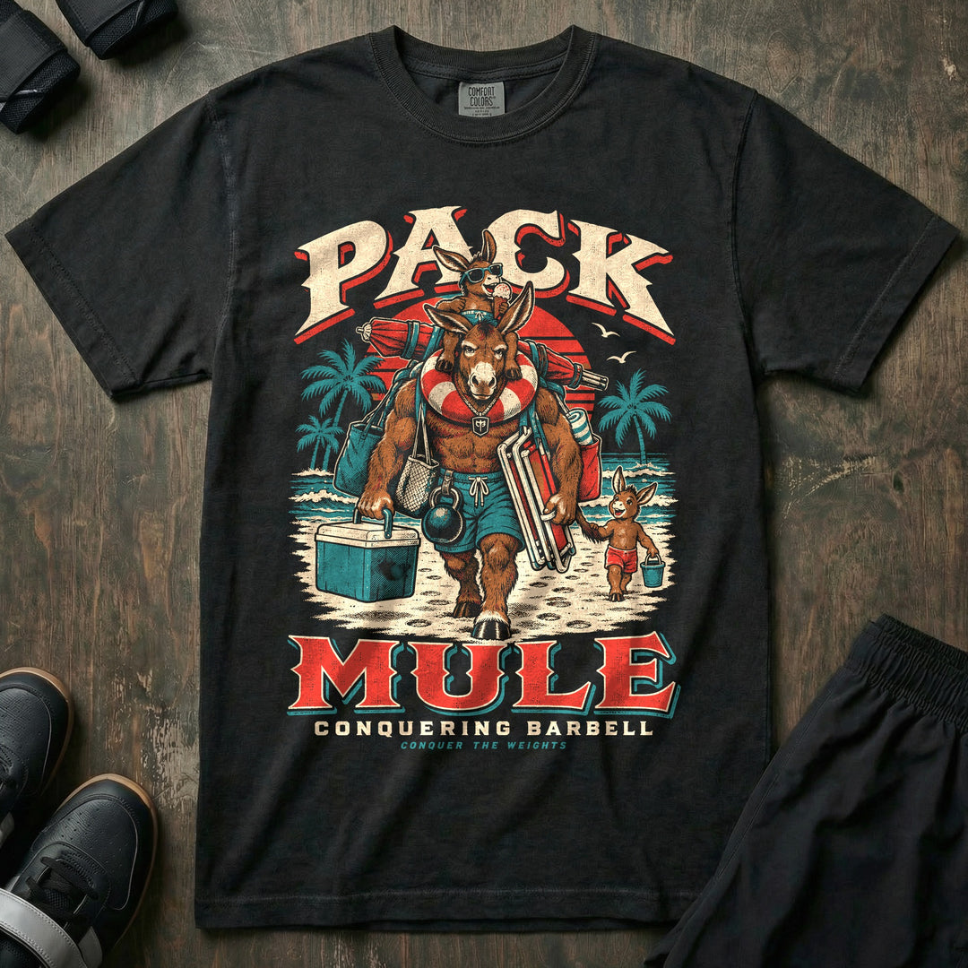 Pack Mule - Relaxed Fit Tee front graphic in Black with a mule dad carrying a cooler, beach chairs, bags and a kettlebell on a beach with one young mule on his shoulders and another beside him - Conquering Barbell