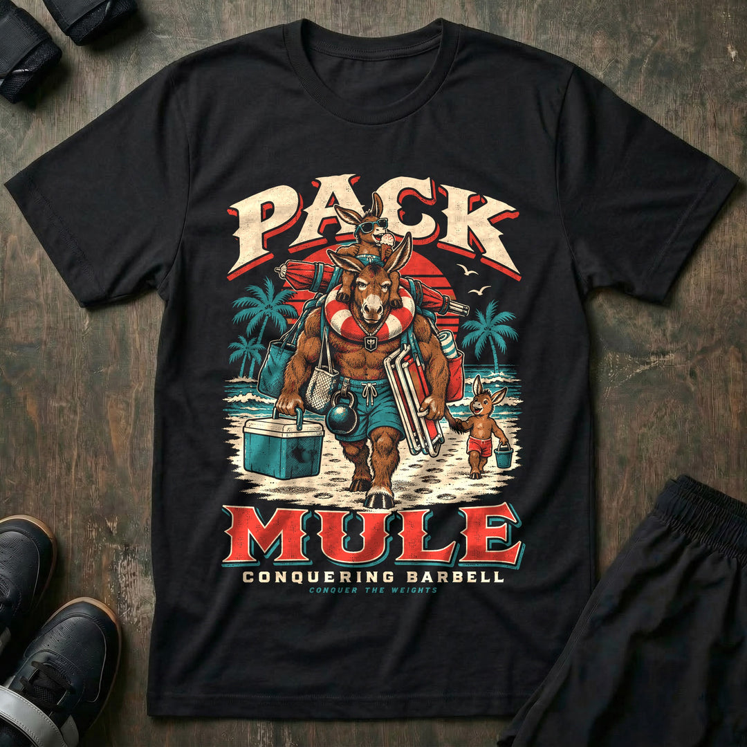 Pack Mule - Tee front graphic in Black with a mule dad carrying a cooler, beach chairs, bags and a kettlebell on a beach with one young mule on his shoulders and another beside him - Conquering Barbell