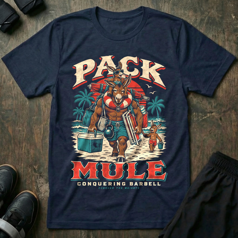 Pack Mule - Tee front graphic in Navy with a mule dad carrying a cooler, beach chairs, bags and a kettlebell on a beach with one young mule on his shoulders and another beside him - Conquering Barbell