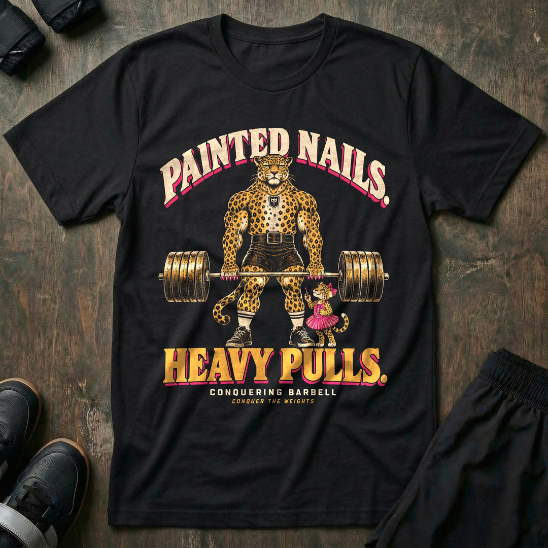 Painted Nails. Heavy Pulls - Tee front graphic in Black with a leopard dad with pink painted claws deadlifting a loaded barbell beside his daughter in a pink tutu holding nail polish - Conquering Barbell