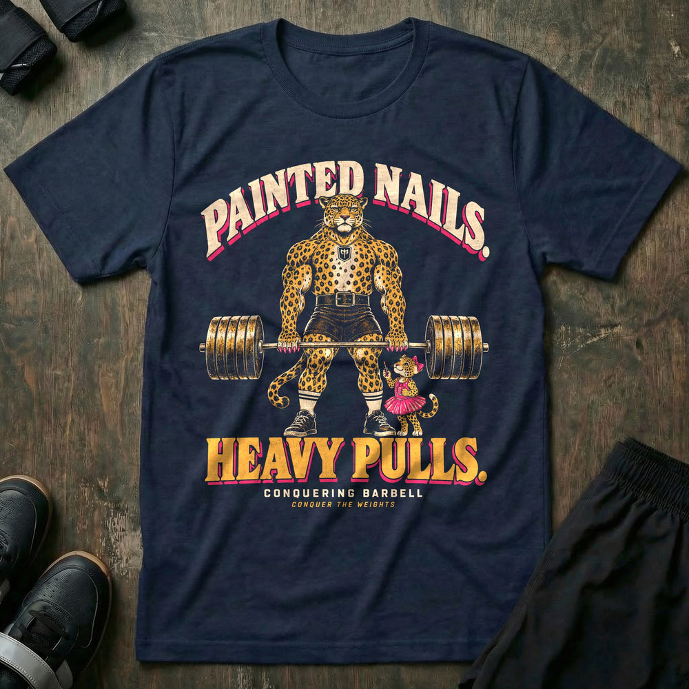 Painted Nails. Heavy Pulls - Tee front graphic in Navy with a leopard dad with pink painted claws deadlifting a loaded barbell beside his daughter in a pink tutu holding nail polish - Conquering Barbell