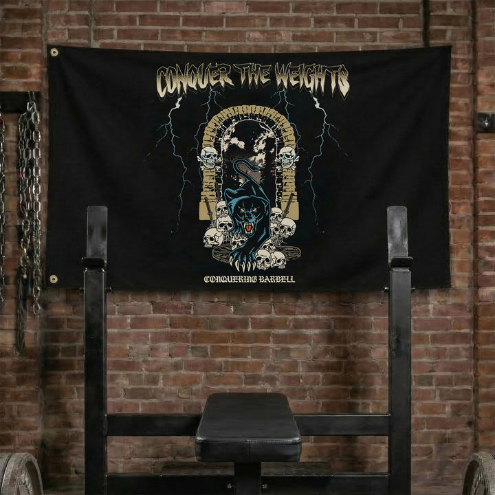 Panther Exodus Flag - Polyester Flag, horizontal black gym flag with black panther stalking out of a gold archway - Conquering Barbell