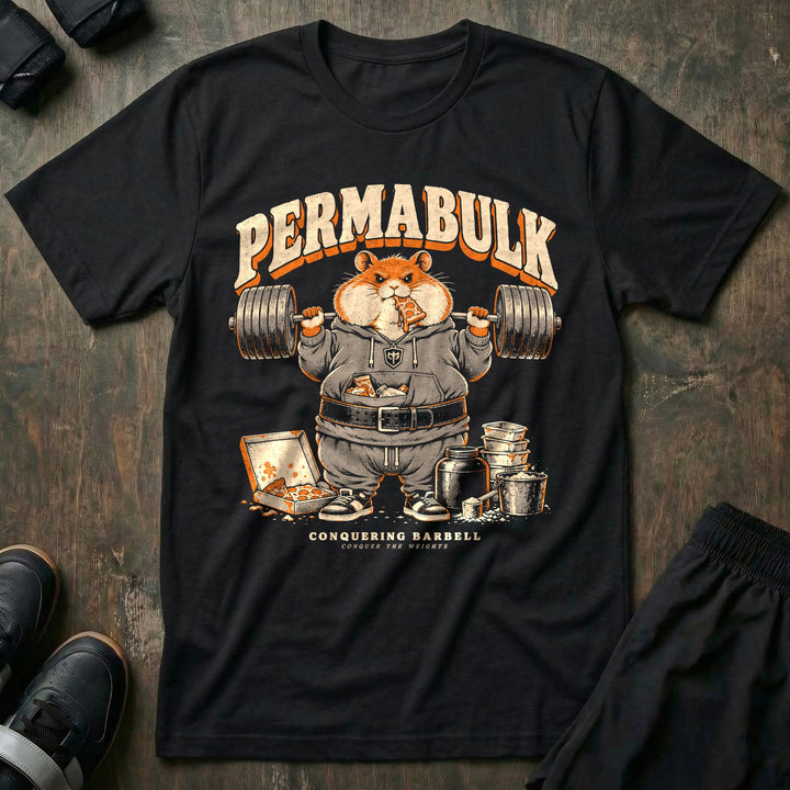 Permabulk - Tee front graphic in Black with a round hamster in a hoodie squatting a loaded barbell with pizza in his mouth - Conquering Barbell