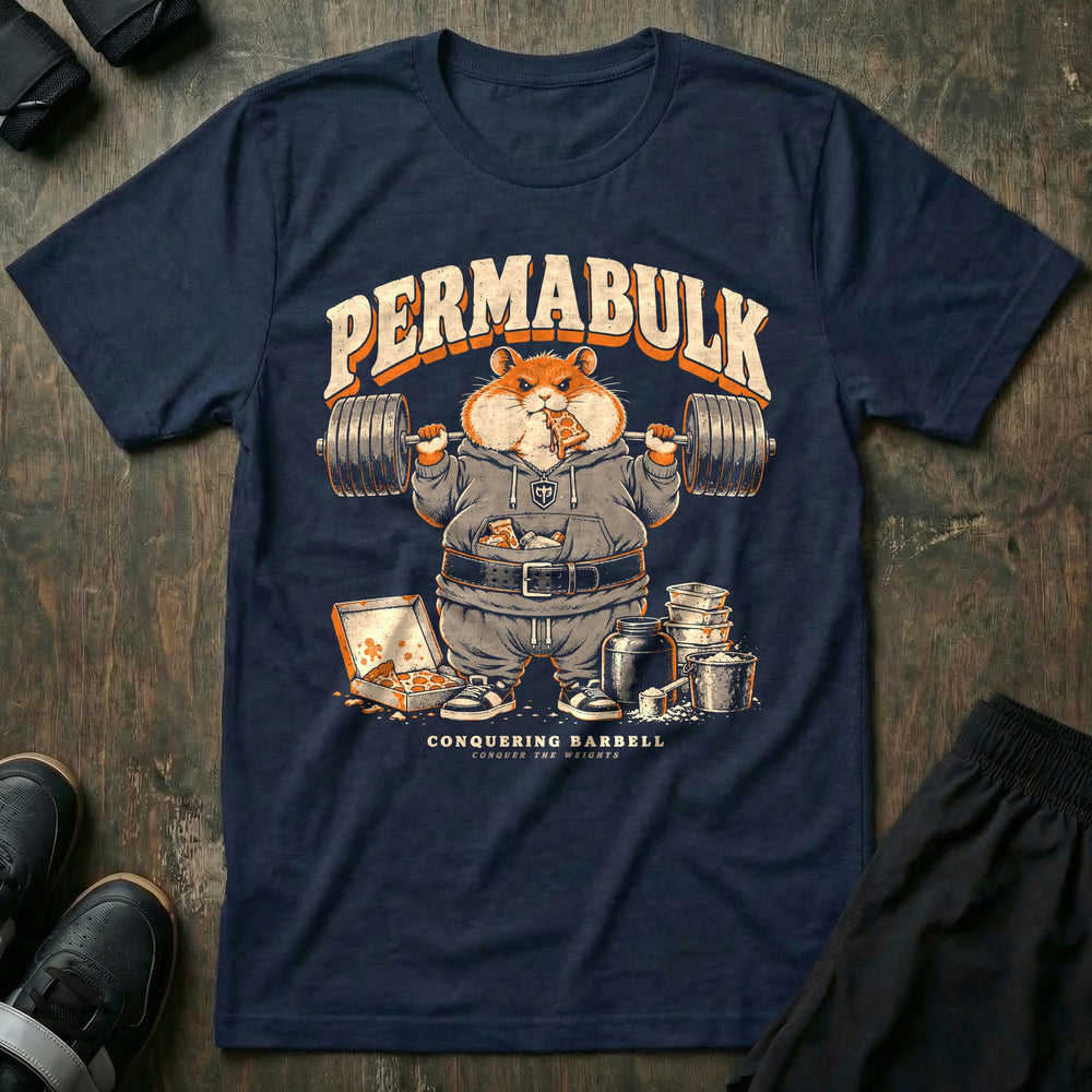 Permabulk - Tee front graphic in Navy with a round hamster in a hoodie squatting a loaded barbell with pizza in his mouth - Conquering Barbell