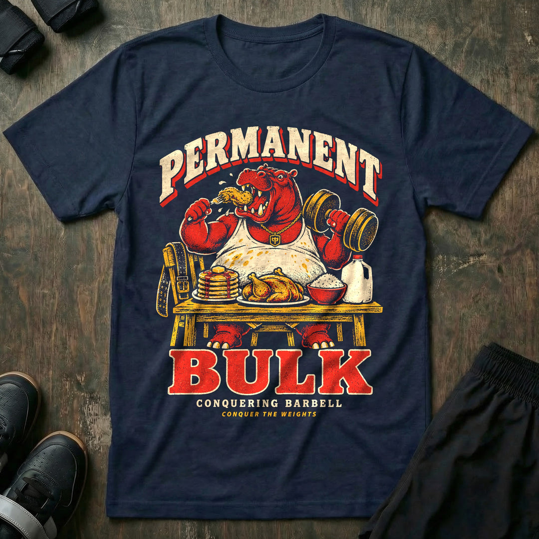 Permanent Bulk - Tee front graphic in Navy with a red hippo eating a drumstick and curling a dumbbell at a table of food - Conquering Barbell
