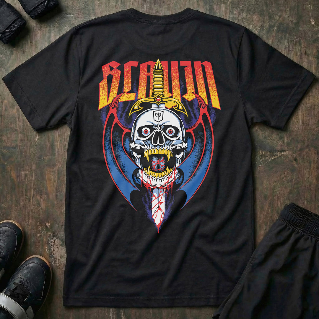Pierced tee in Black: a skull impaled by a golden sword with blood dripping from the blade