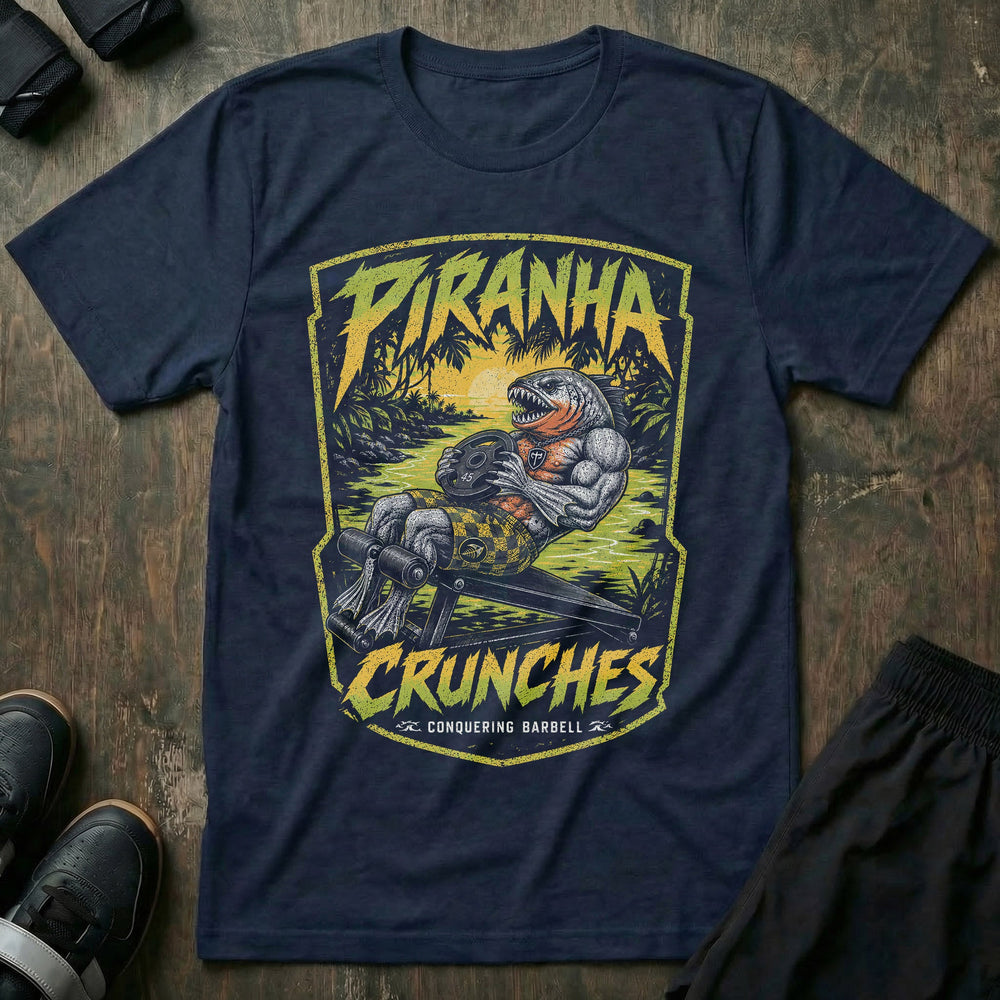 Piranha Crunches tee in Navy: a jacked piranha grinding through weighted crunches on a decline bench with a plate in hand