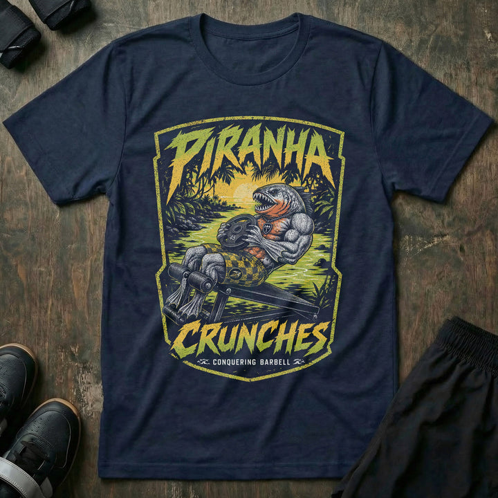 Piranha Crunches tee in Navy: a jacked piranha grinding through weighted crunches on a decline bench with a plate in hand