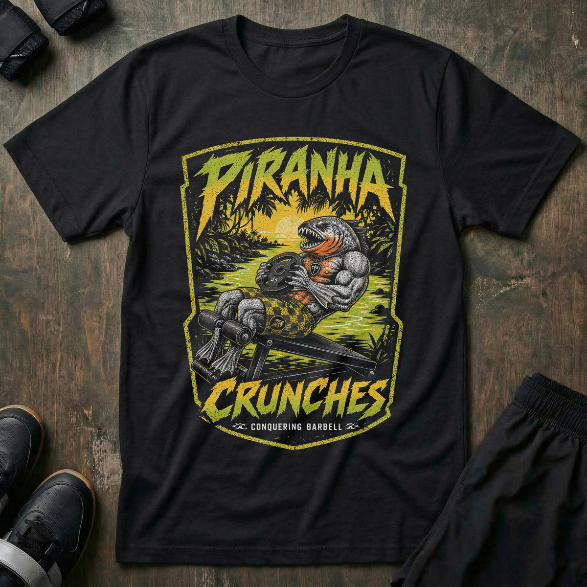 Piranha Crunches tee in Black: a jacked piranha grinding through weighted crunches on a decline bench with a plate in hand