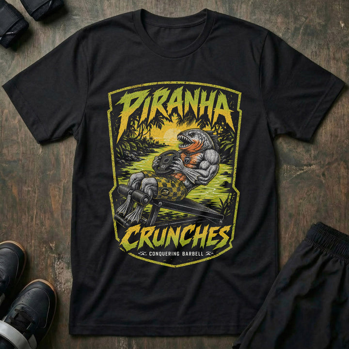 Piranha Crunches tee in Black: a jacked piranha grinding through weighted crunches on a decline bench with a plate in hand