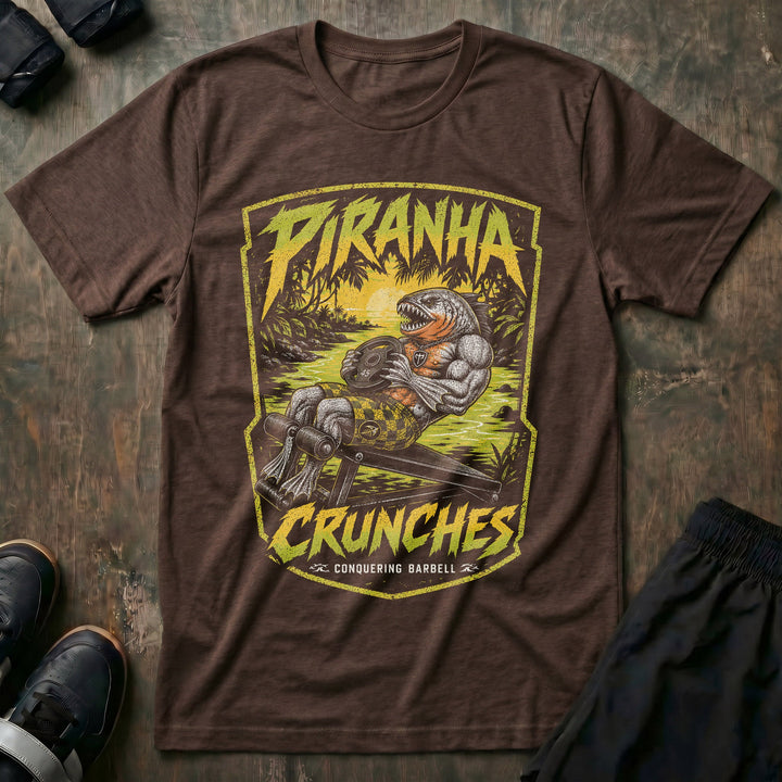 Piranha Crunches tee in Expresso: a jacked piranha grinding through weighted crunches on a decline bench with a plate in hand