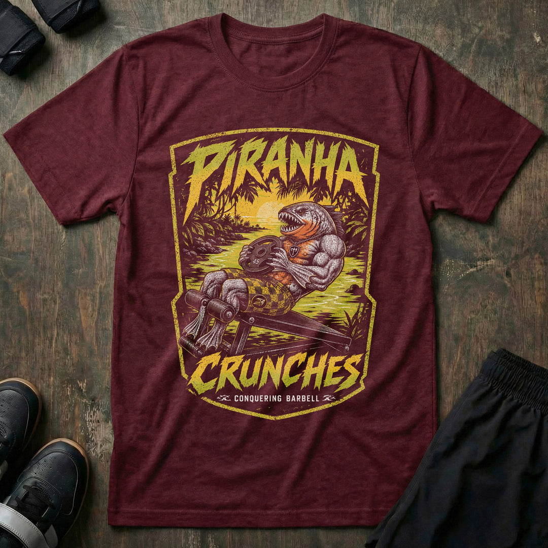 Piranha Crunches tee in Maroon: a jacked piranha grinding through weighted crunches on a decline bench with a plate in hand