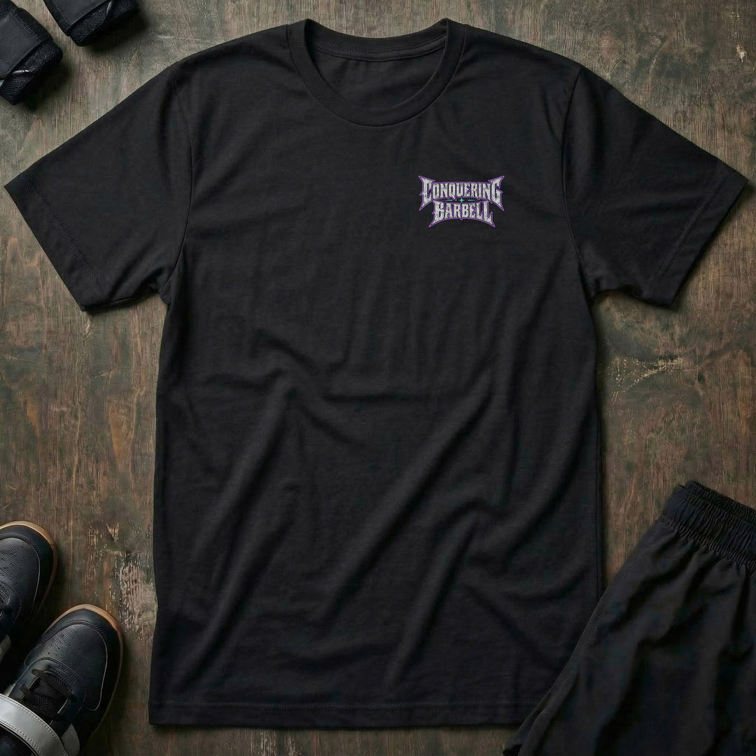 Plate Slayer tee: a fully armored dark knight with a horned helmet