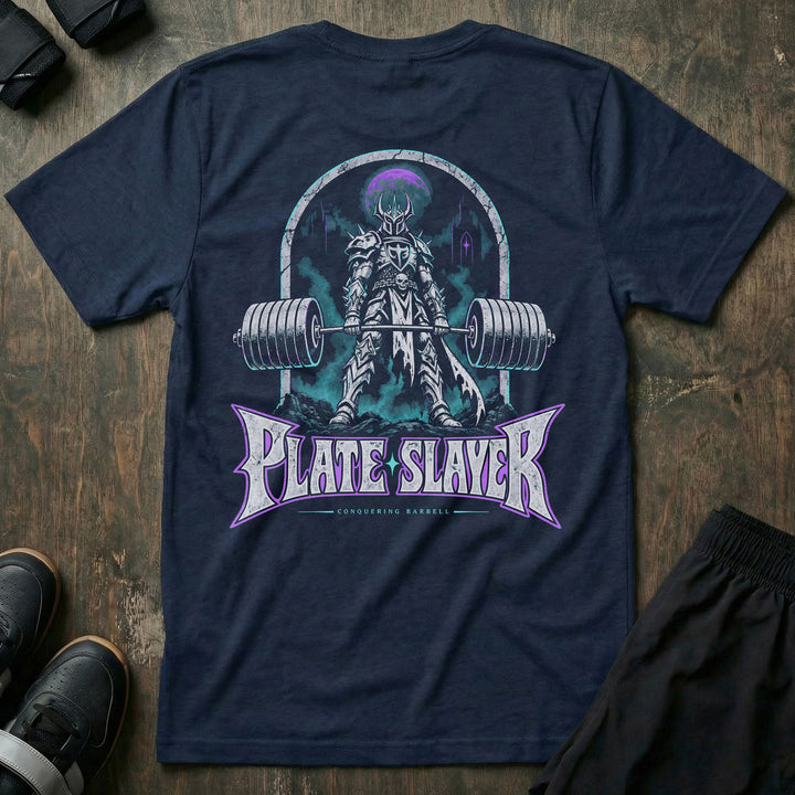 Plate Slayer tee: a fully armored dark knight with a horned helmet