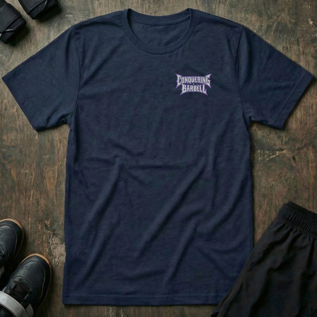 Plate Slayer tee: a fully armored dark knight with a horned helmet