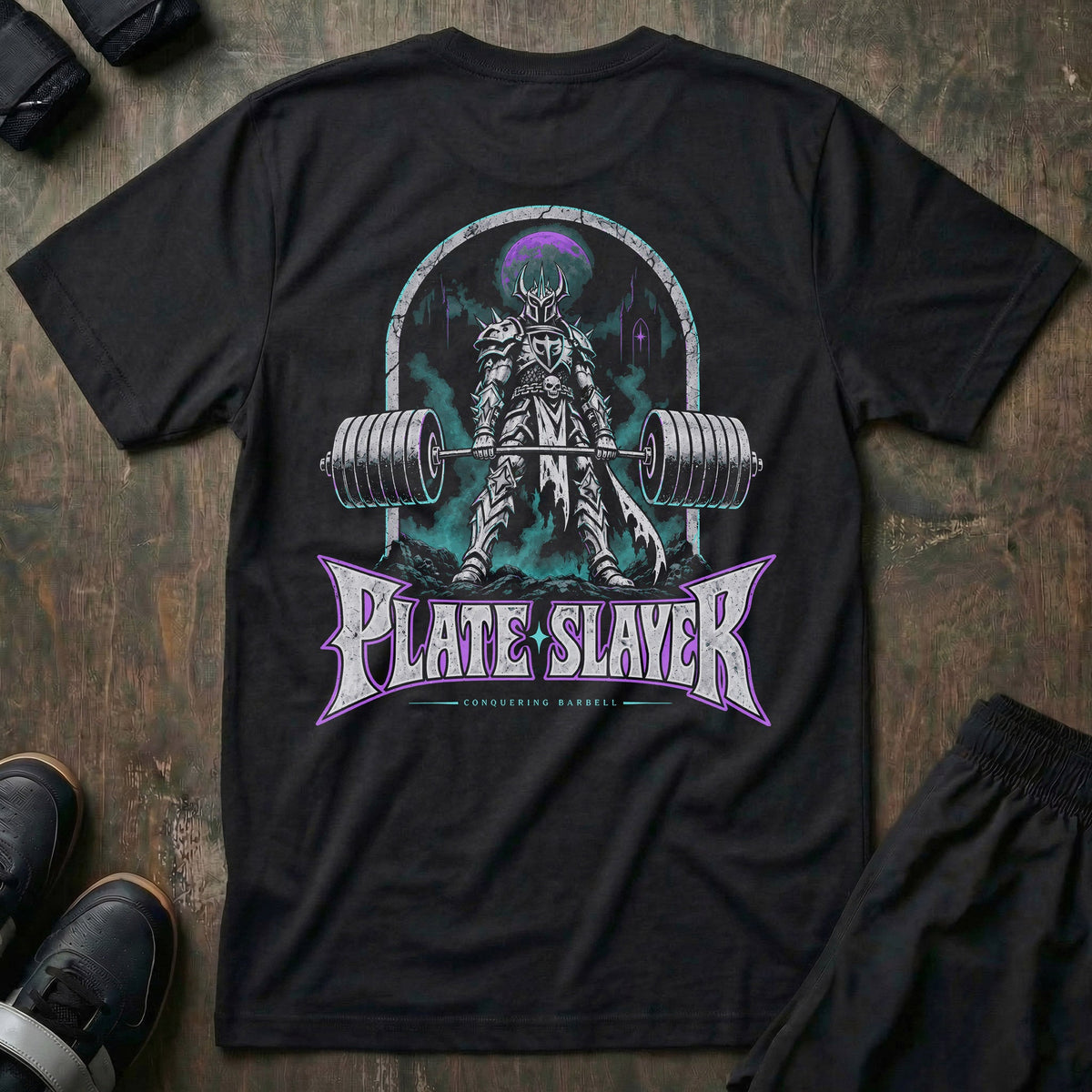 Plate Slayer tee: a fully armored dark knight with a horned helmet