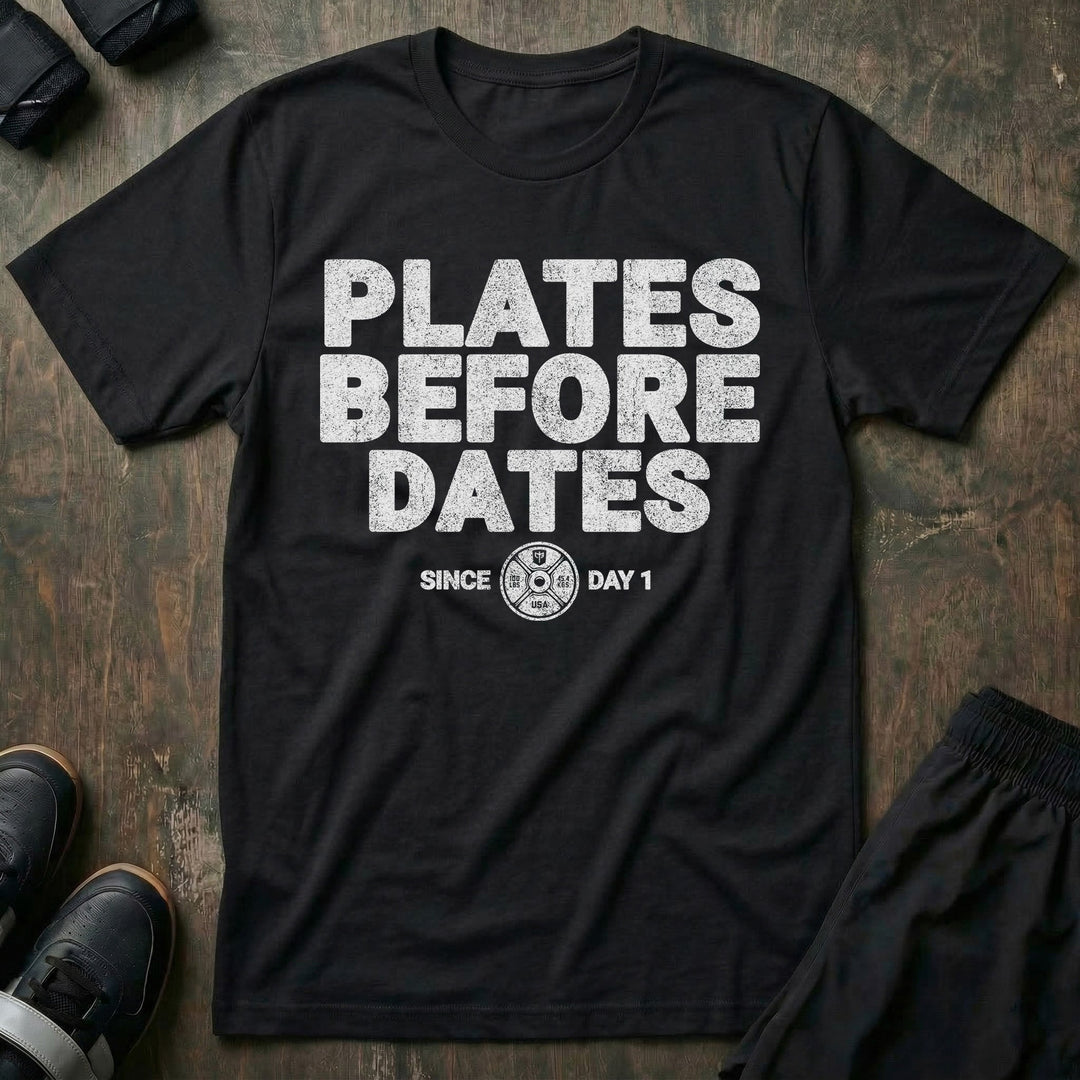Plates Before Dates - on Black Tee - Conquering Barbell