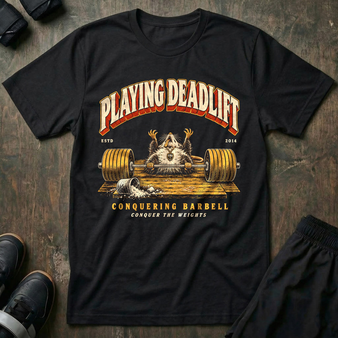 Playing Deadlift - Tee front graphic in Black with an opossum playing dead on the platform behind a loaded barbell - Conquering Barbell