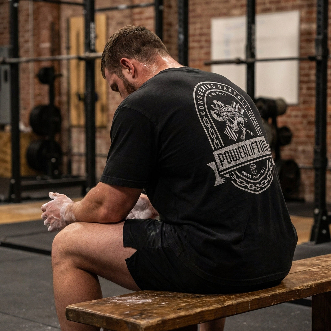 Powerlifting Badge relaxed fit tee in Black: a distressed emblem with chain border