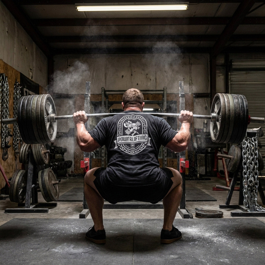 Powerlifting Badge relaxed fit tee in Black: a distressed emblem with chain border