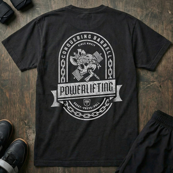 Powerlifting Badge relaxed fit tee in Black: a distressed emblem with chain border