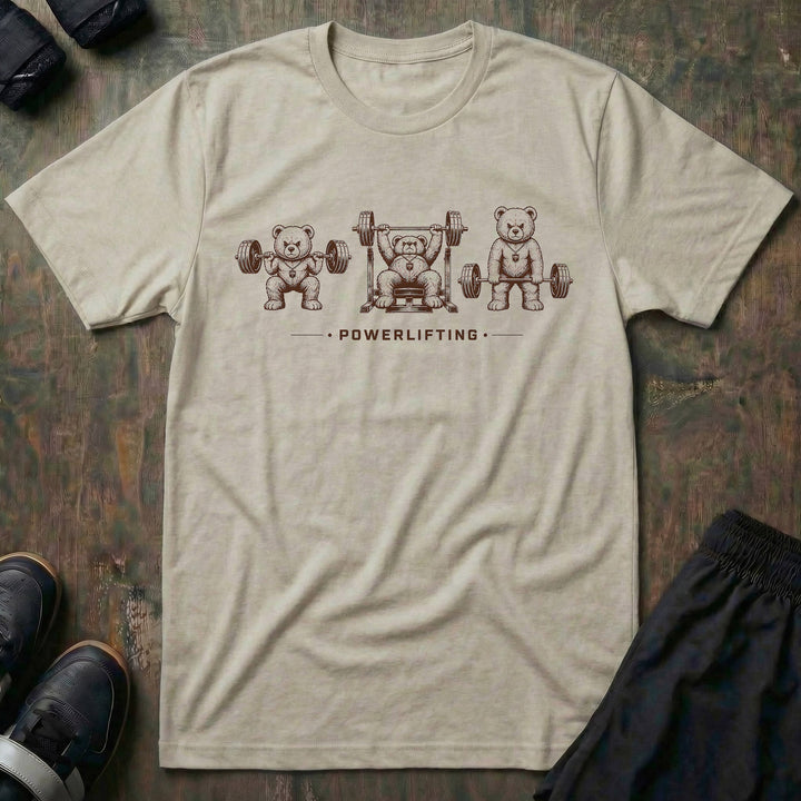 Powerlifting Bears tee in Sand: three determined teddy bears knocking out a squat