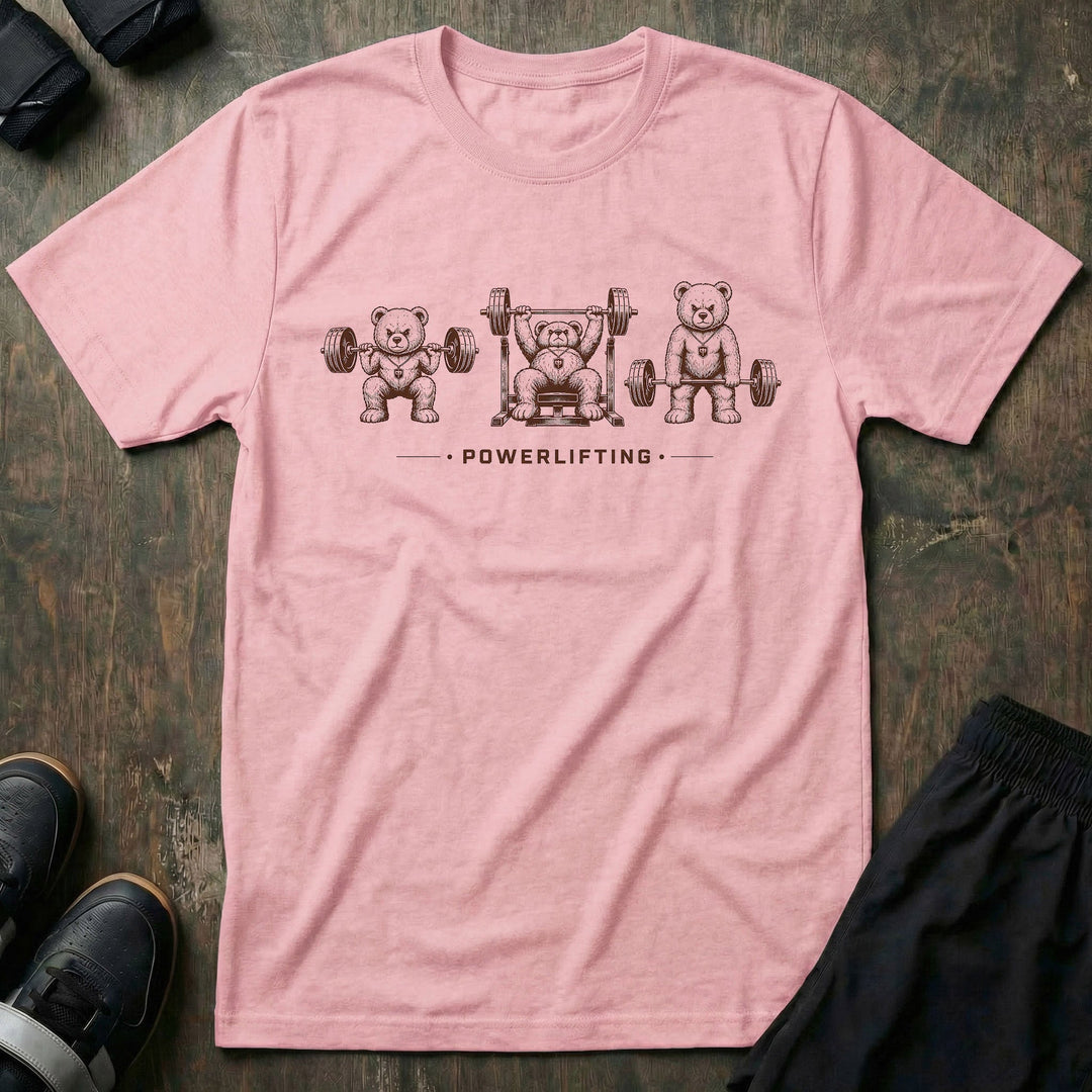 Powerlifting Bears tee in Pink: three determined teddy bears knocking out a squat