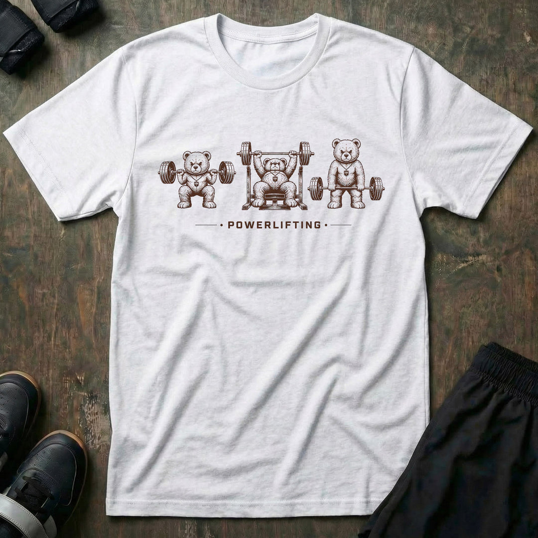 Powerlifting Bears tee in White: three determined teddy bears knocking out a squat