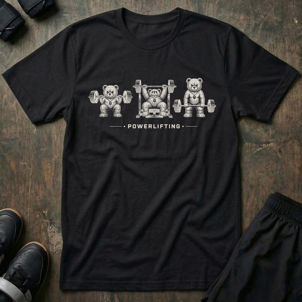 Powerlifting Bears tee in Black: three determined teddy bears knocking out a squat