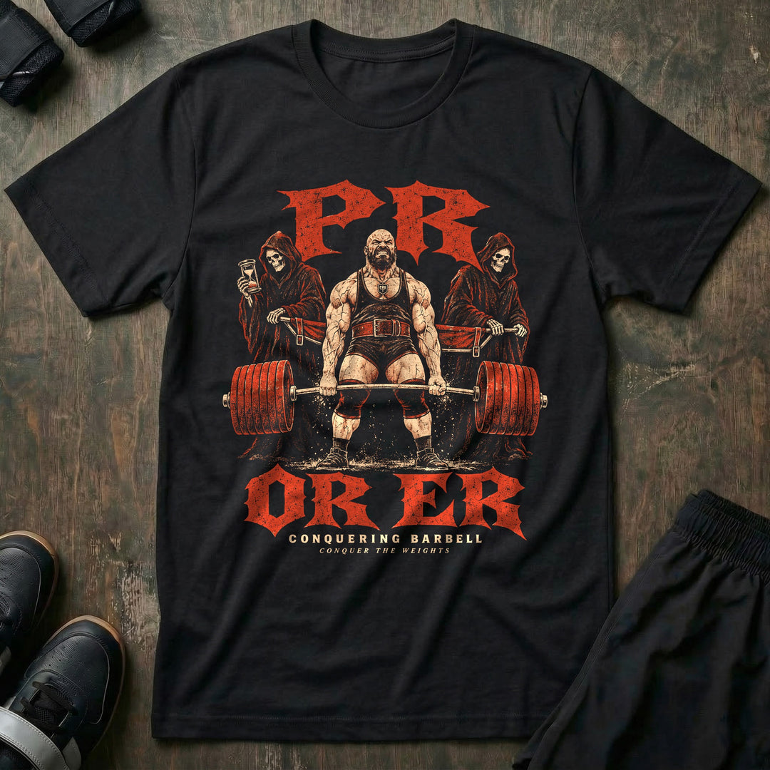 PR or ER - Tee front graphic in Black with a bearded lifter grinding a deadlift while two reapers hold a stretcher behind him - Conquering Barbell
