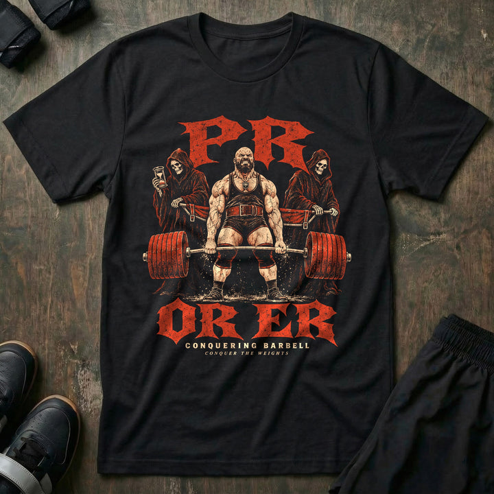 PR or ER - Tee front graphic in Black with a bearded lifter grinding a deadlift while two reapers hold a stretcher behind him - Conquering Barbell