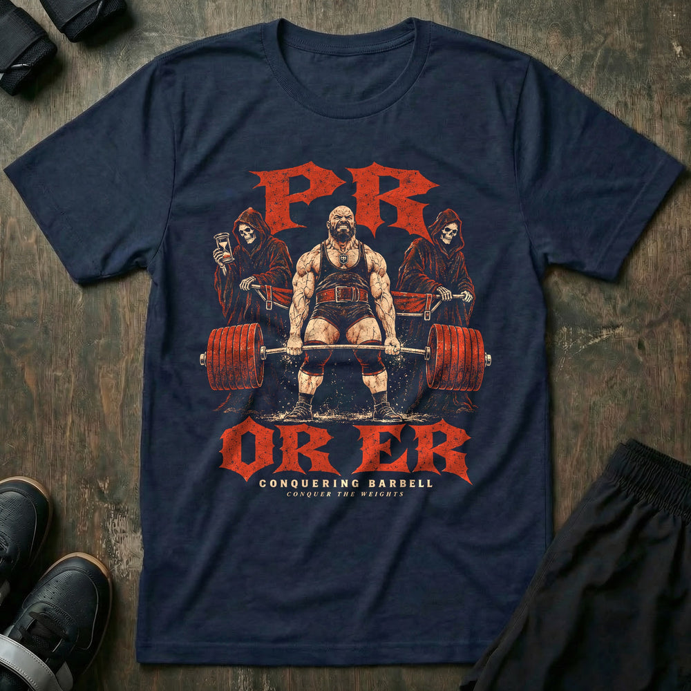 PR or ER - Tee front graphic in Navy with a bearded lifter grinding a deadlift while two reapers hold a stretcher behind him - Conquering Barbell